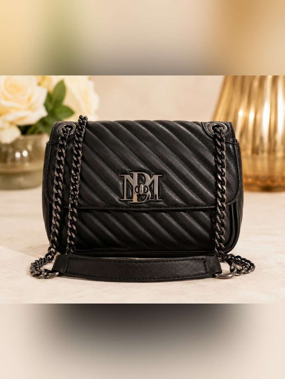 Badgley Mischka Black Quilted Convertible Crossbody Shoulder Bag Gunmetal Chain